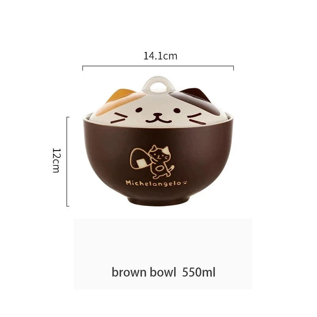 MeowMunch Noodle Bowl - 550ml Cartoon Cat Ceramic Bowl With Lid