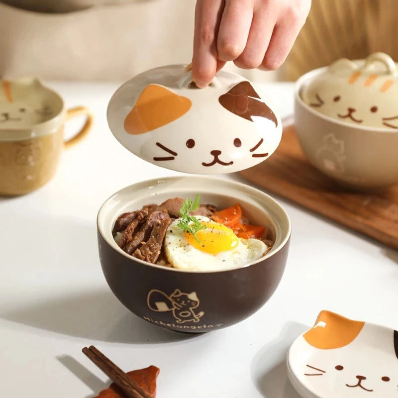 MeowMunch Noodle Bowl - 550ml Cartoon Cat Ceramic Bowl With Lid