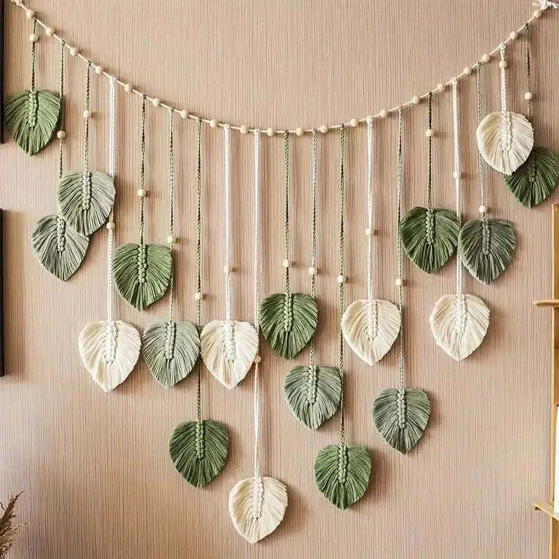 Nomad's Vine Tapestry - Handmade Macramé Leaf Wall Hanging in Ivory & Sage Green for Boho Home Decor - 100% Organic Cotton Cord - Room Hangable Plant Ornaments