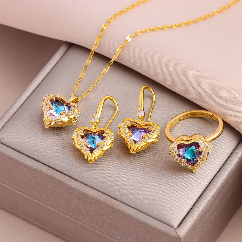 Neptune’s Heart Collection - Colorful Zircon Crystal Ocean Heart Pendant Necklaces, Earrings and Ring Set