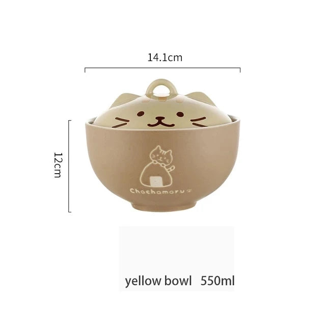 MeowMunch Noodle Bowl - 550ml Cartoon Cat Ceramic Bowl With Lid