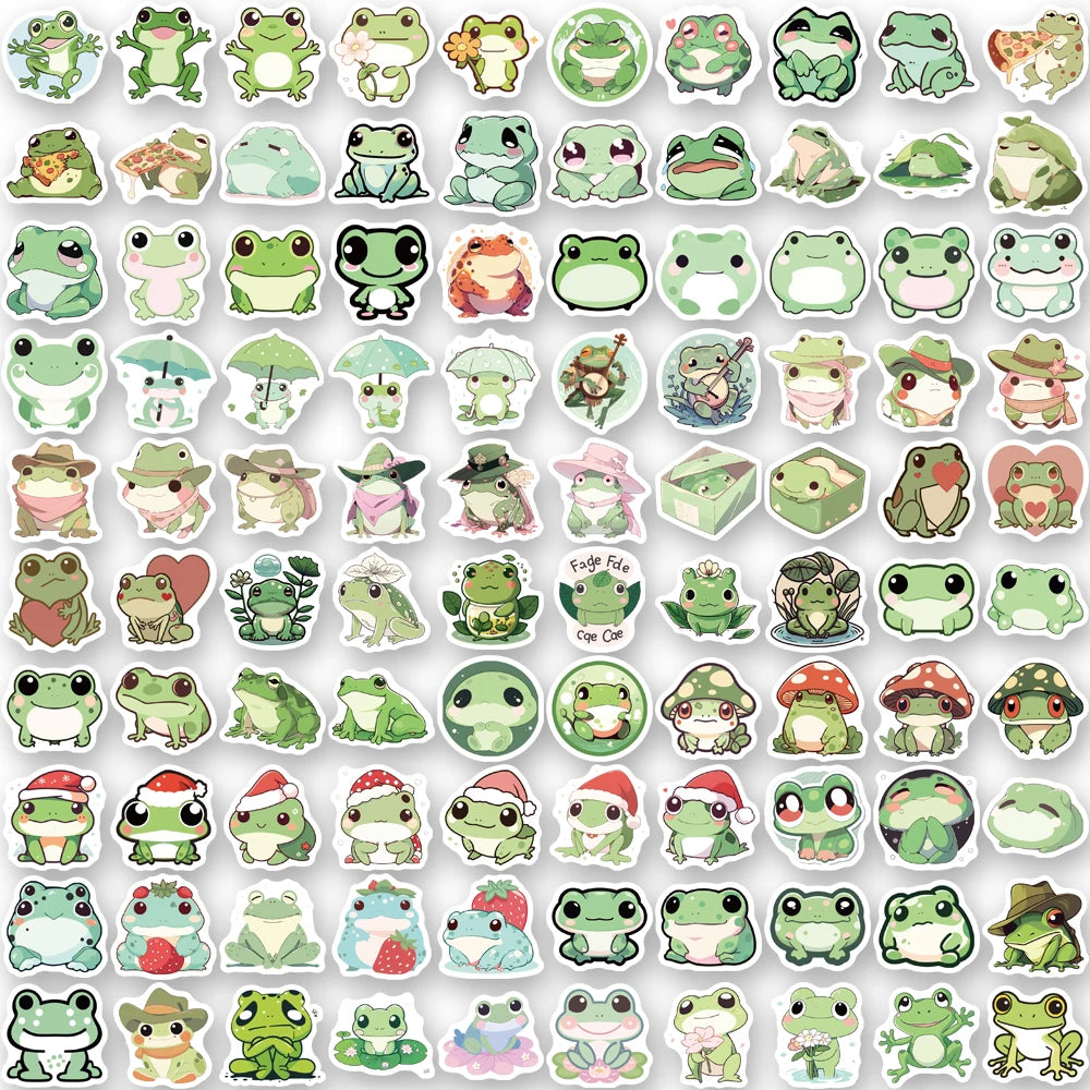 LilyPad Laughs - 100PCS Cute Cartoon Frog Stickers Great for Handbooks Phone Cases Laptop Suitcases Water Cups Waterproof Stickers
