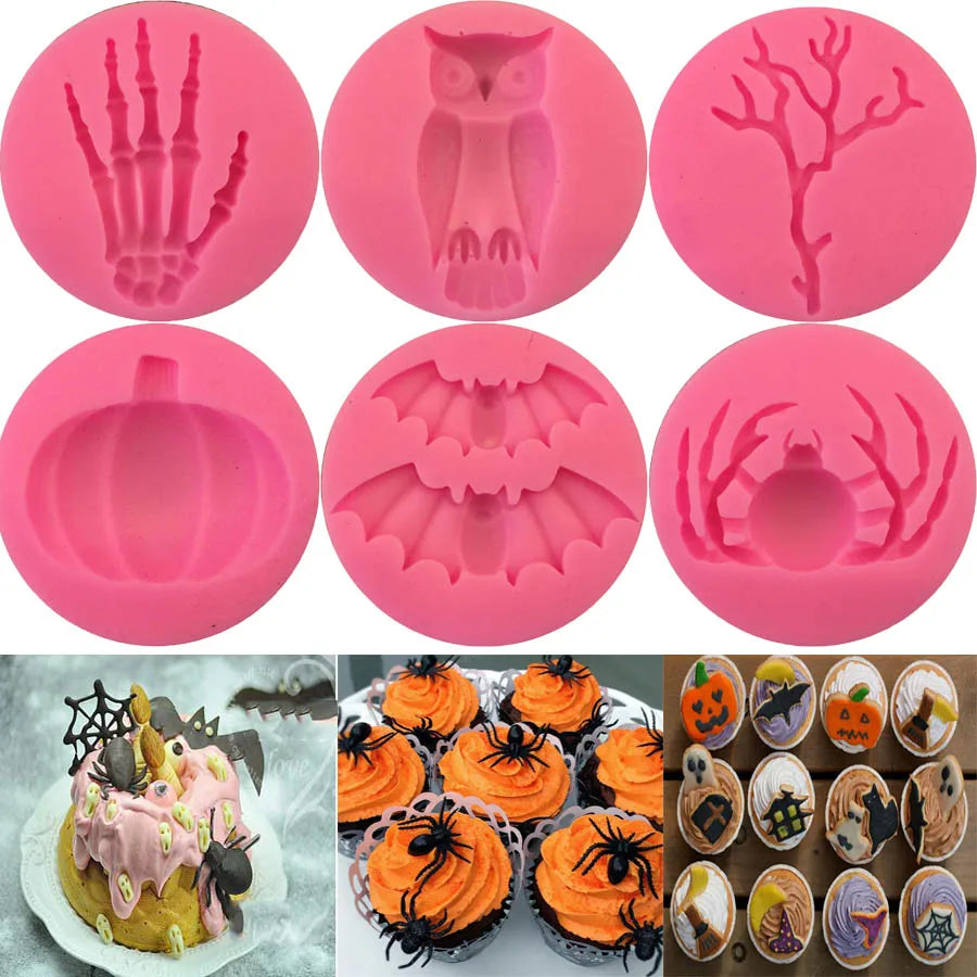 CreepyCute Molds - Halloween Molds Fondant Cream Chocolate Silicone Molds Hand Skeleton Spider Bats Pumpkin Owls Clay For Kitchen Baking