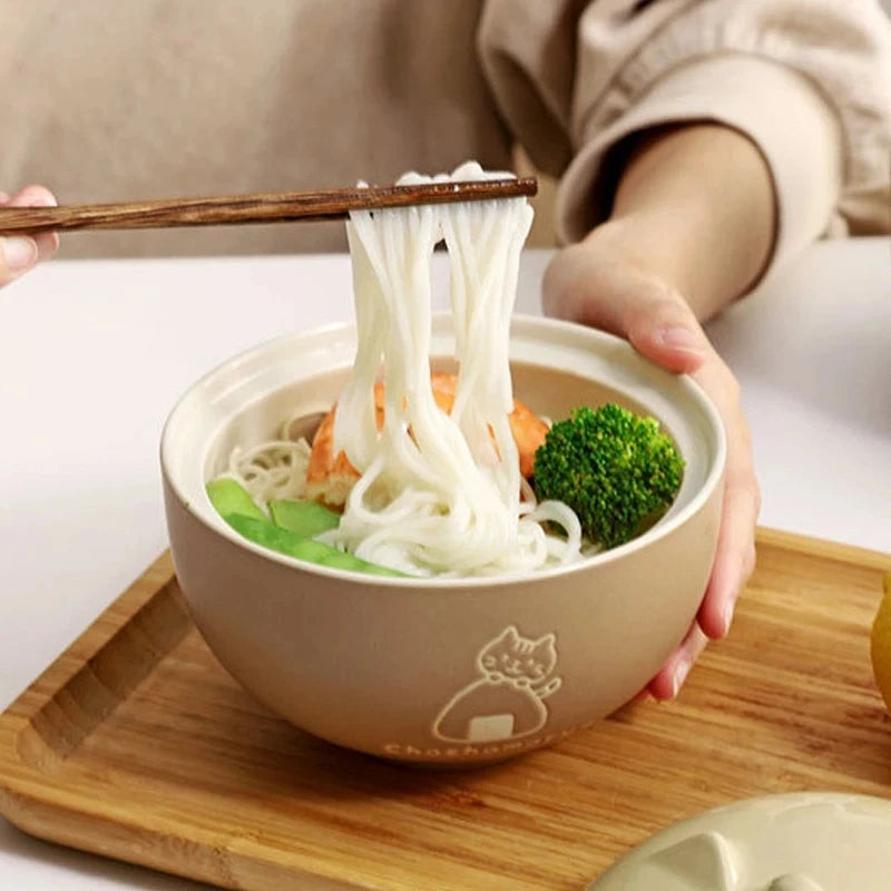 MeowMunch Noodle Bowl - 550ml Cartoon Cat Ceramic Bowl With Lid