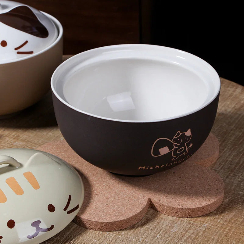 MeowMunch Noodle Bowl - 550ml Cartoon Cat Ceramic Bowl With Lid