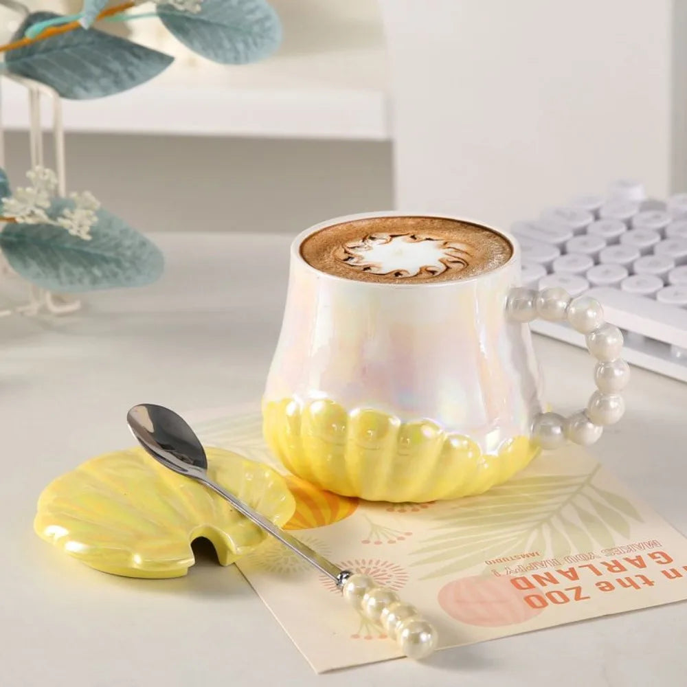 PearlTide Mug - Shell shaped Ceramic Mug with Lid Spoon for Office Workers Breakfast Brewing 14oz Drinkware