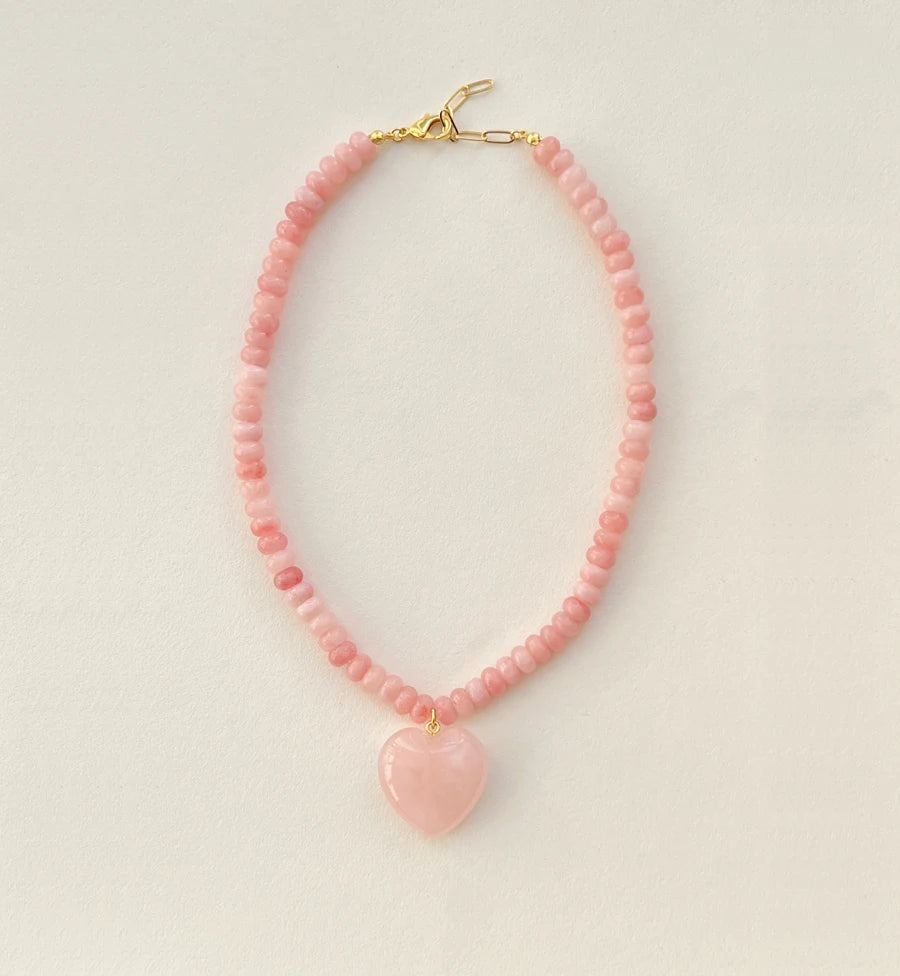 BlushHeart Natural Pink Stone Necklace - 30mm Natural Pink Stone Love Heart Pendant Necklaces
