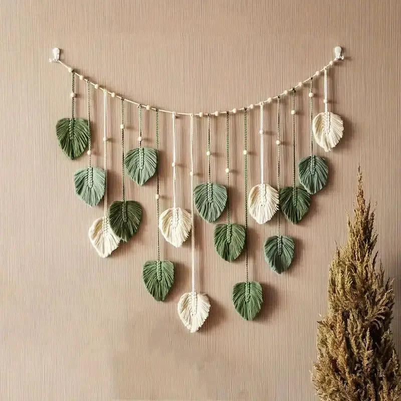 Nomad's Vine Tapestry - Handmade Macramé Leaf Wall Hanging in Ivory & Sage Green for Boho Home Decor - 100% Organic Cotton Cord - Room Hangable Plant Ornaments
