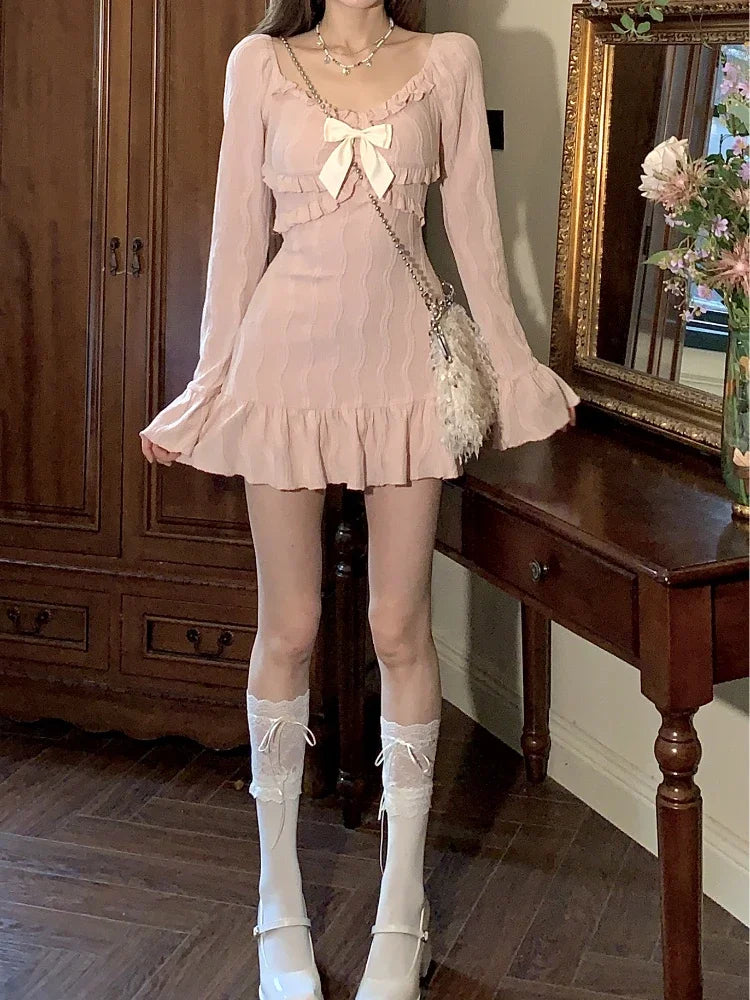 Rosé Flare Dress - New Pink Sweet Slim Y2k Mini Dress French Elegant Flare Sleeve Dress Party Casual One Piece Dress