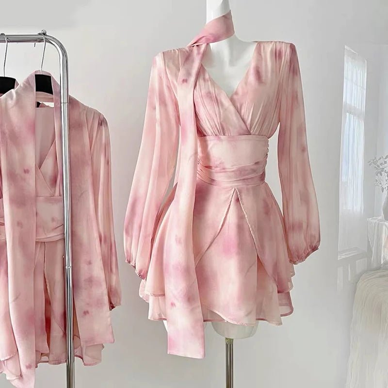 LilyChic Flare - Pink Sweet Women V Neck Fairy Mini Dress Chic Elegant Floral Print Long Sleeve Summer New Party Aesthetic Chiffon Dress