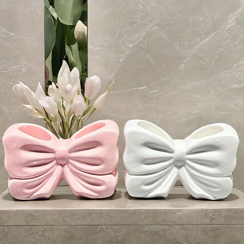 BowTique Brush Holder - Charming ceramic bow toothbrush holder - Portable, bathroom storage for toothbrushes and toothpaste