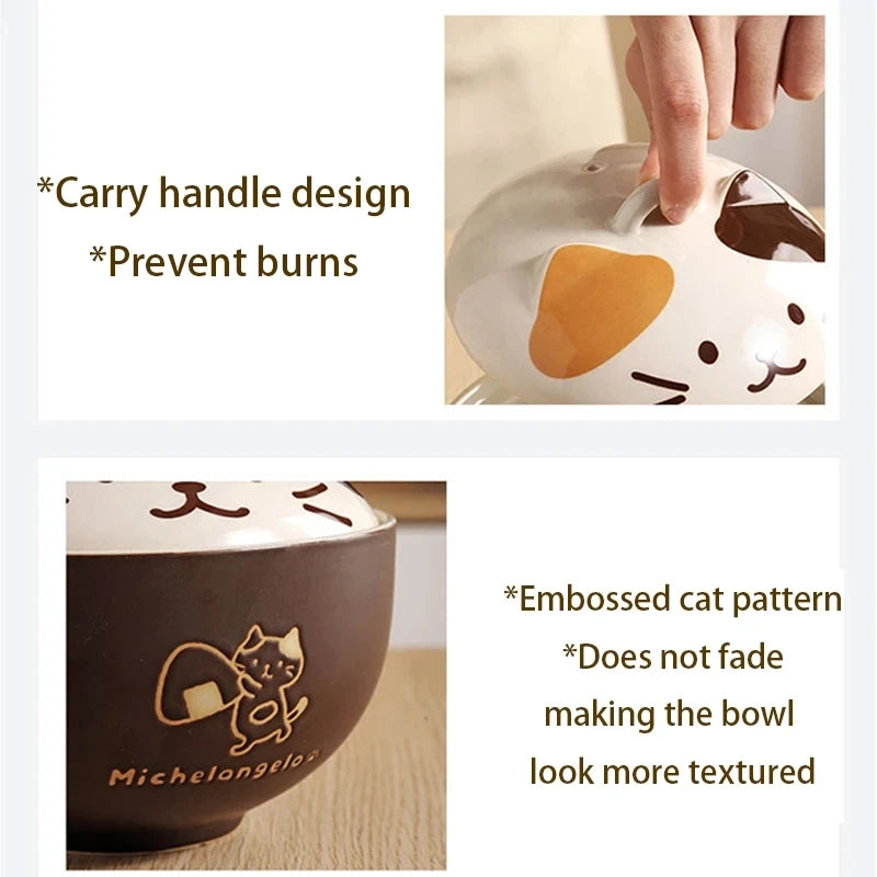 MeowMunch Noodle Bowl - 550ml Cartoon Cat Ceramic Bowl With Lid