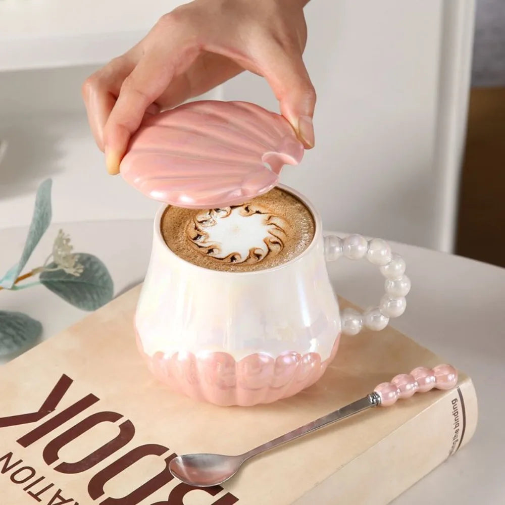 PearlTide Mug - Shell shaped Ceramic Mug with Lid Spoon for Office Workers Breakfast Brewing 14oz Drinkware