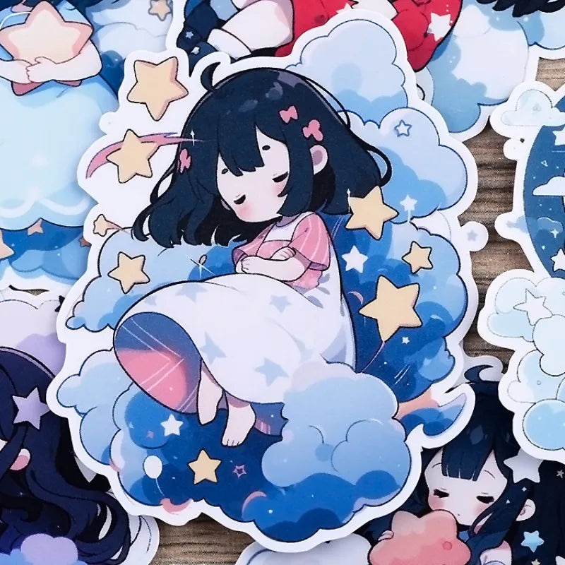 MoonMelt Stickies - 15pcs Cute Cartoon Stickers, Transparent Decoration Material - Girl Hugging Stars Stationery waterproof