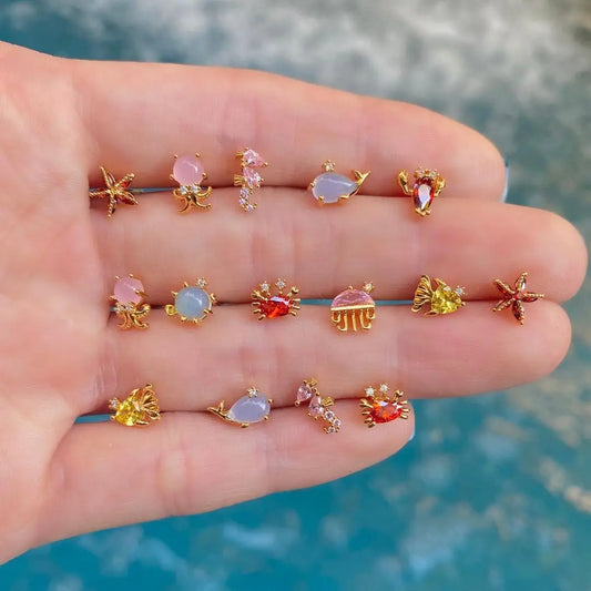 Ocean Tide Treasure Earrings - Cute Sea Marine Animal Zircon Stud Earrings Jewelry