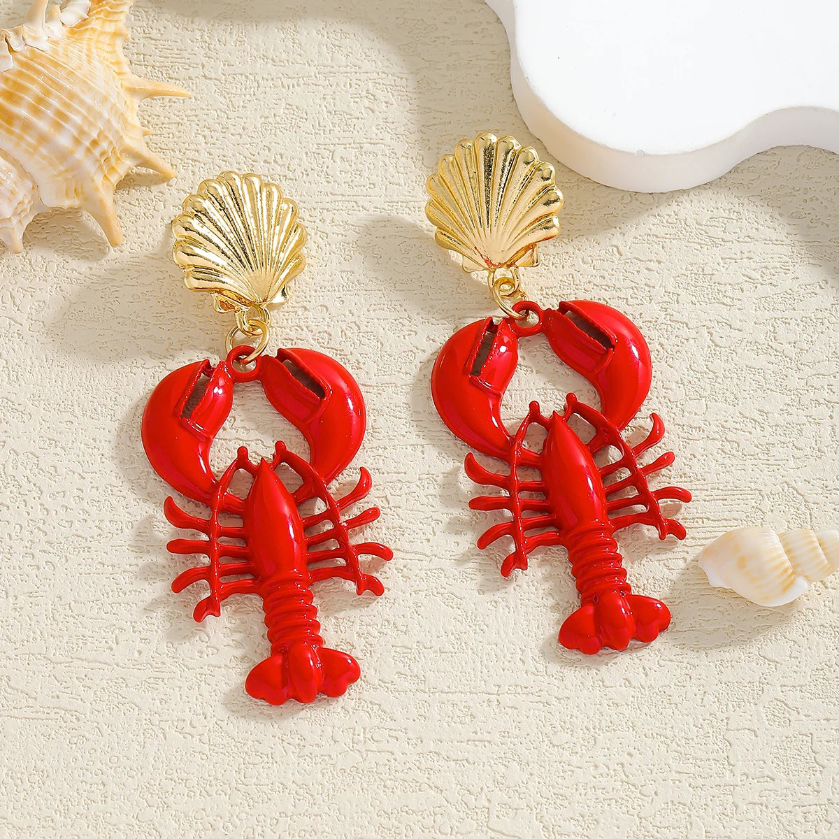 Seaside Lobster Earrings - Red Bake Paint Lobster Shell Dangle Earrings Jewelry Accessories