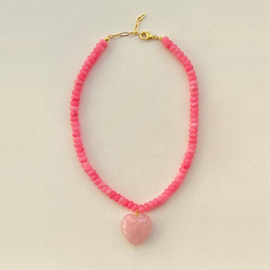 BlushHeart Natural Pink Stone Necklace - 30mm Natural Pink Stone Love Heart Pendant Necklaces