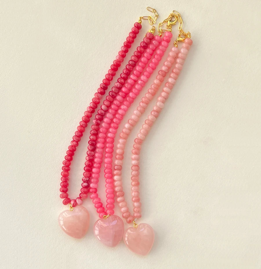 BlushHeart Natural Pink Stone Necklace - 30mm Natural Pink Stone Love Heart Pendant Necklaces