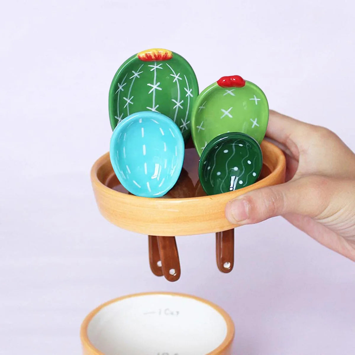 BloomScoop Cactus Porcelain Spoons with Pot Base - 4Pcs Porcelain Measuring Spoons Set with Base Cute Cactus Shape