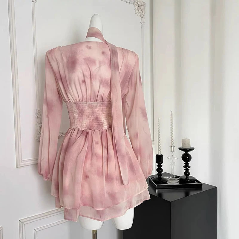 LilyChic Flare - Pink Sweet Women V Neck Fairy Mini Dress Chic Elegant Floral Print Long Sleeve Summer New Party Aesthetic Chiffon Dress