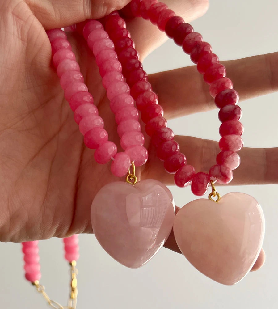 BlushHeart Natural Pink Stone Necklace - 30mm Natural Pink Stone Love Heart Pendant Necklaces