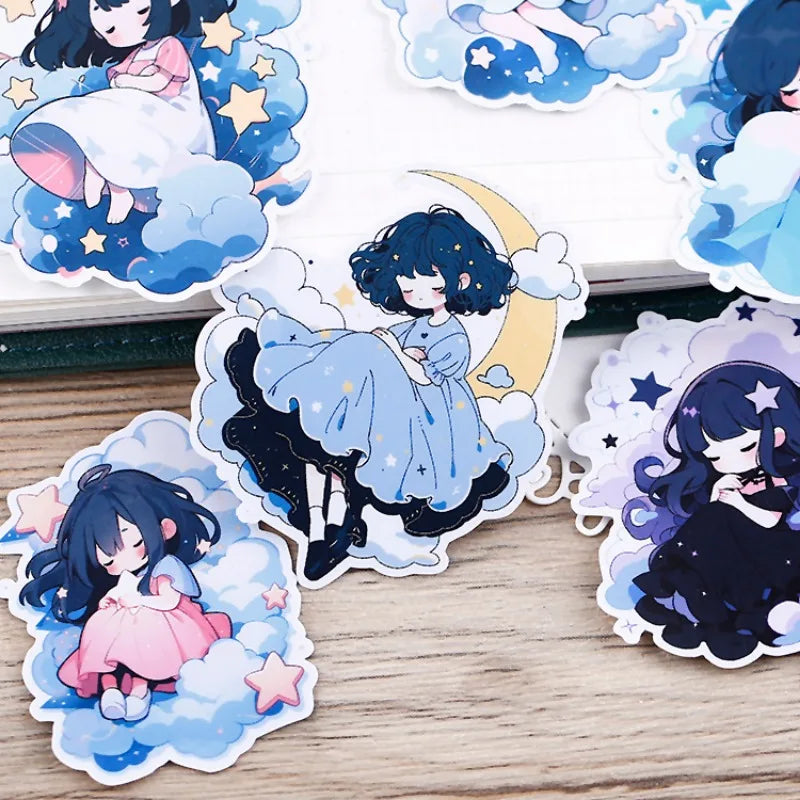 MoonMelt Stickies - 15pcs Cute Cartoon Stickers, Transparent Decoration Material - Girl Hugging Stars Stationery waterproof