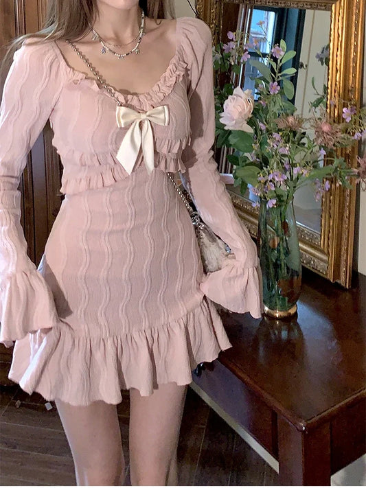 Rosé Flare Dress - New Pink Sweet Slim Y2k Mini Dress French Elegant Flare Sleeve Dress Party Casual One Piece Dress