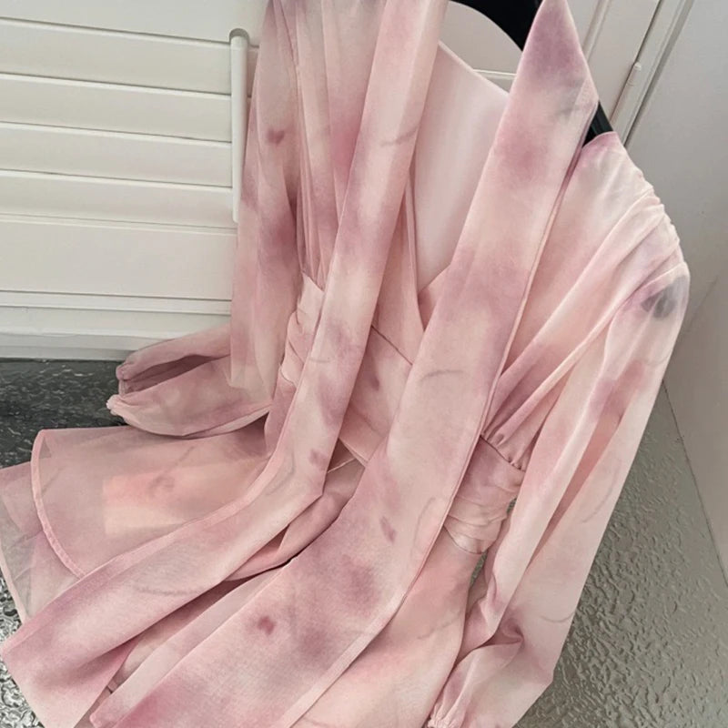 LilyChic Flare - Pink Sweet Women V Neck Fairy Mini Dress Chic Elegant Floral Print Long Sleeve Summer New Party Aesthetic Chiffon Dress