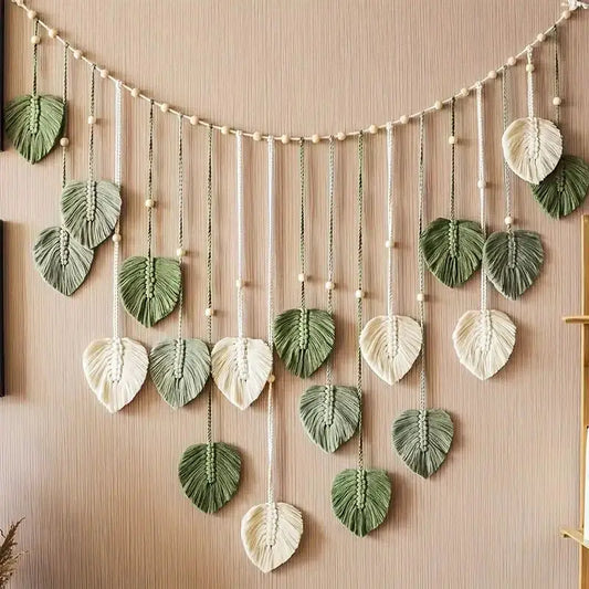Nomad's Vine Tapestry - Handmade Macramé Leaf Wall Hanging in Ivory & Sage Green for Boho Home Decor - 100% Organic Cotton Cord - Room Hangable Plant Ornaments