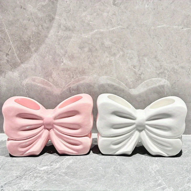 BowTique Brush Holder - Charming ceramic bow toothbrush holder - Portable, bathroom storage for toothbrushes and toothpaste