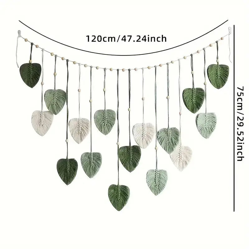 Nomad's Vine Tapestry - Handmade Macramé Leaf Wall Hanging in Ivory & Sage Green for Boho Home Decor - 100% Organic Cotton Cord - Room Hangable Plant Ornaments