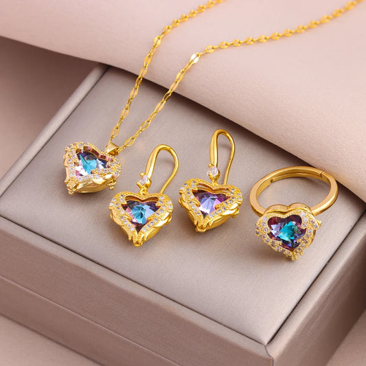 Neptune’s Heart Collection - Colorful Zircon Crystal Ocean Heart Pendant Necklaces, Earrings and Ring Set