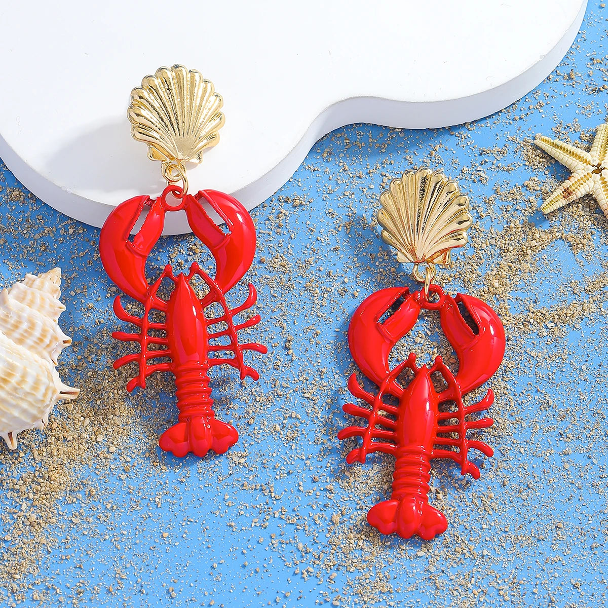 Seaside Lobster Earrings - Red Bake Paint Lobster Shell Dangle Earrings Jewelry Accessories