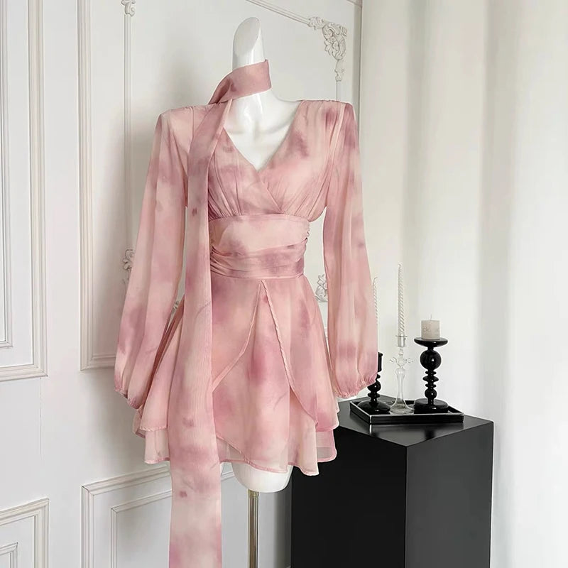 LilyChic Flare - Pink Sweet Women V Neck Fairy Mini Dress Chic Elegant Floral Print Long Sleeve Summer New Party Aesthetic Chiffon Dress
