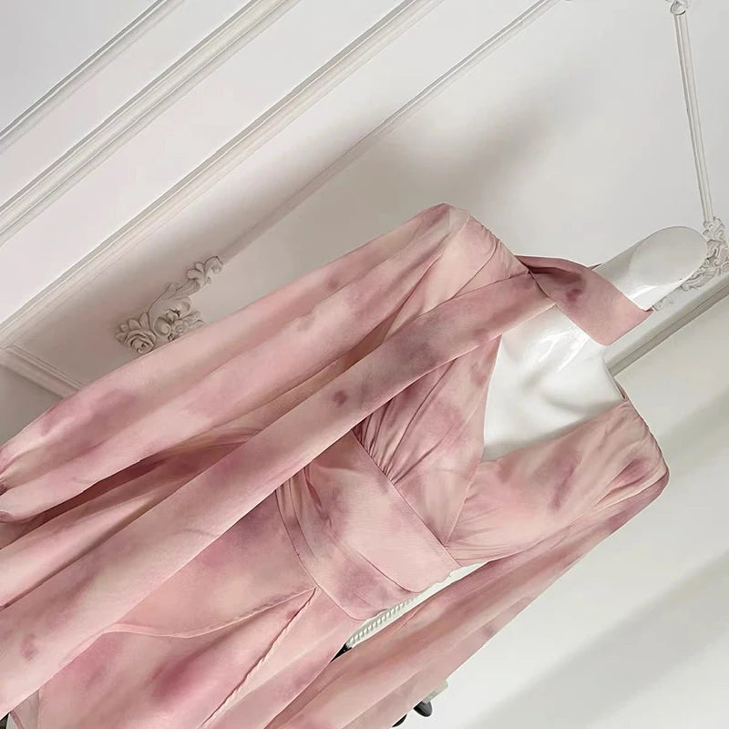 LilyChic Flare - Pink Sweet Women V Neck Fairy Mini Dress Chic Elegant Floral Print Long Sleeve Summer New Party Aesthetic Chiffon Dress