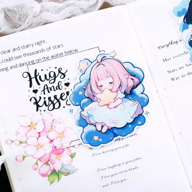 MoonMelt Stickies - 15pcs Cute Cartoon Stickers, Transparent Decoration Material - Girl Hugging Stars Stationery waterproof