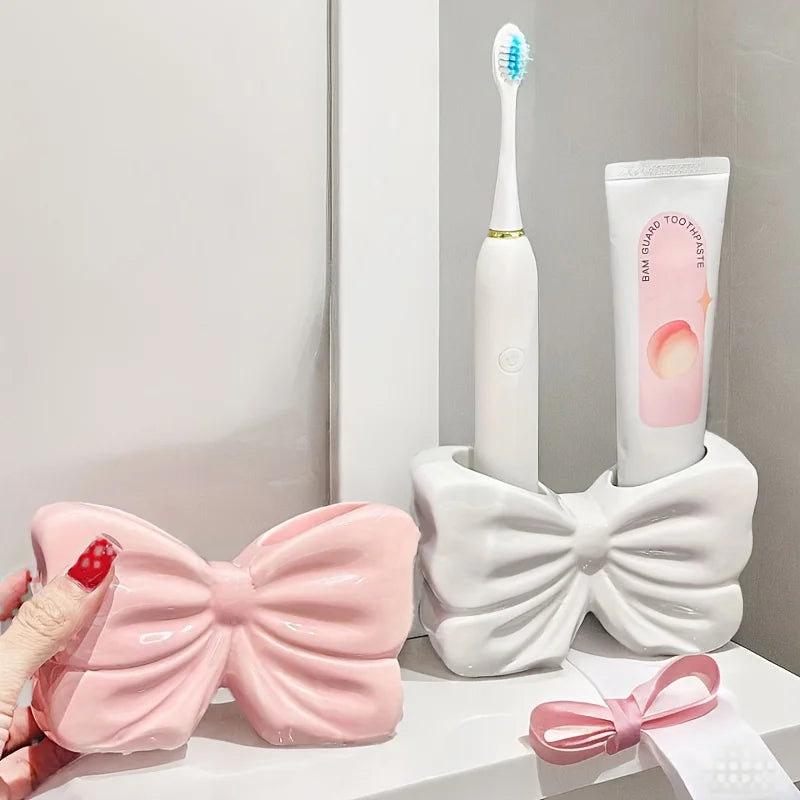 BowTique Brush Holder - Charming ceramic bow toothbrush holder - Portable, bathroom storage for toothbrushes and toothpaste