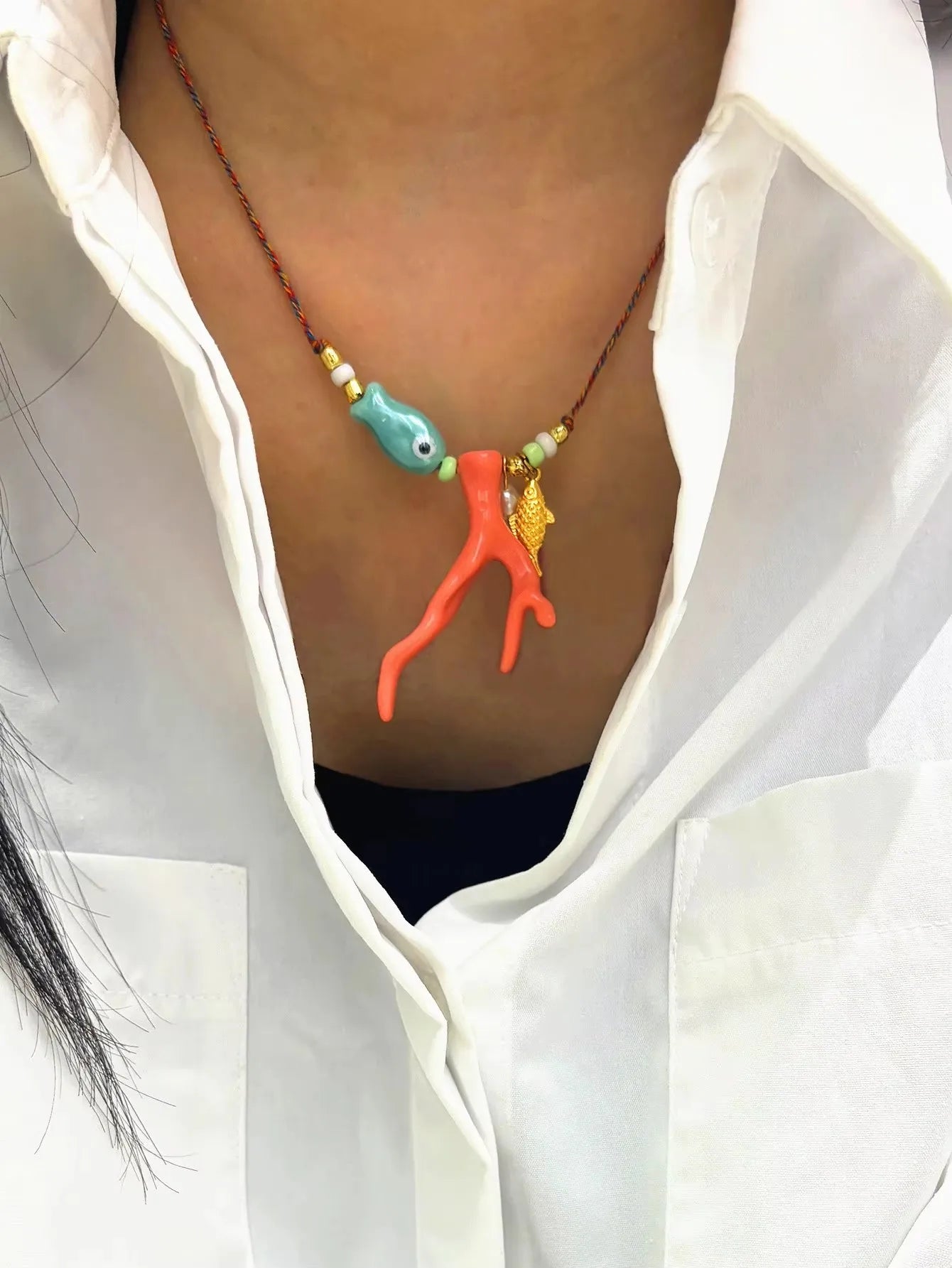 CoralWhisper Necklace - Ocean Imitation Coral Glass Fish Pendant Rope Necklace, Vacation, Party, Accessories