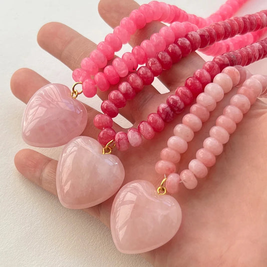 BlushHeart Natural Pink Stone Necklace - 30mm Natural Pink Stone Love Heart Pendant Necklaces