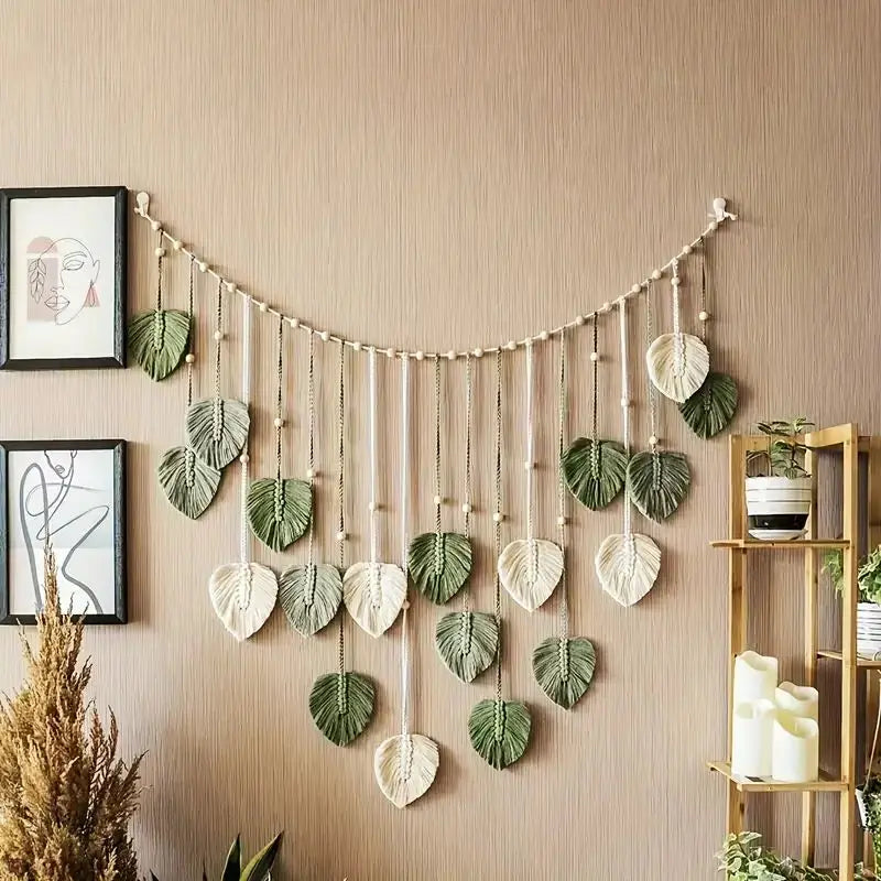 Nomad's Vine Tapestry - Handmade Macramé Leaf Wall Hanging in Ivory & Sage Green for Boho Home Decor - 100% Organic Cotton Cord - Room Hangable Plant Ornaments