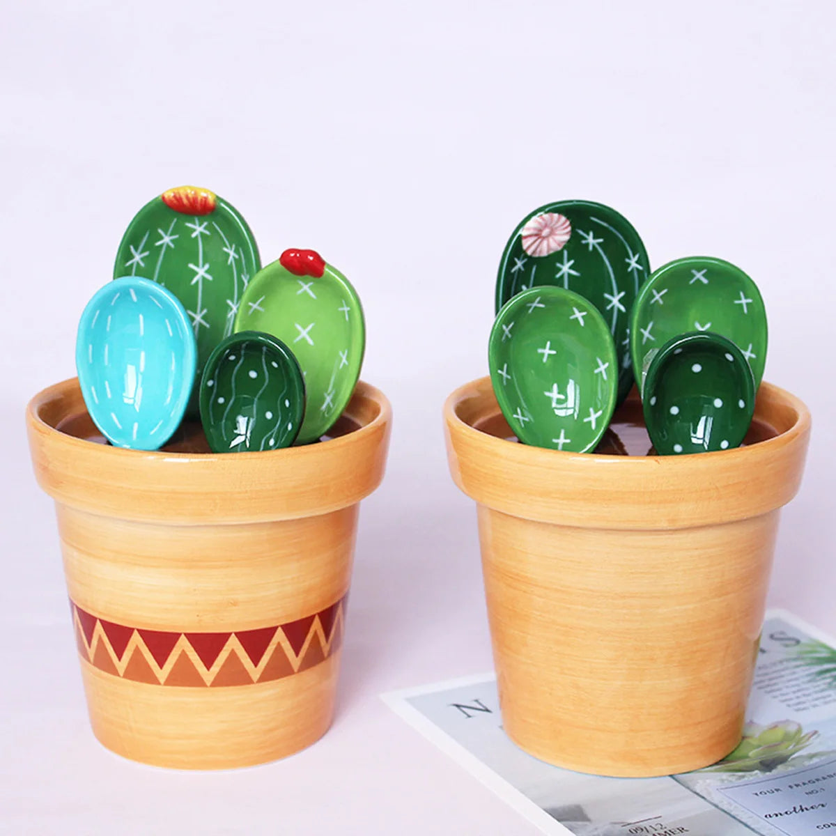 BloomScoop Cactus Porcelain Spoons with Pot Base - 4Pcs Porcelain Measuring Spoons Set with Base Cute Cactus Shape