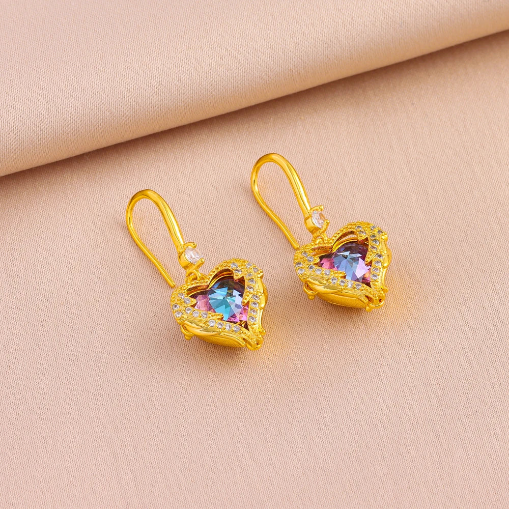 Neptune’s Heart Collection - Colorful Zircon Crystal Ocean Heart Pendant Necklaces, Earrings and Ring Set