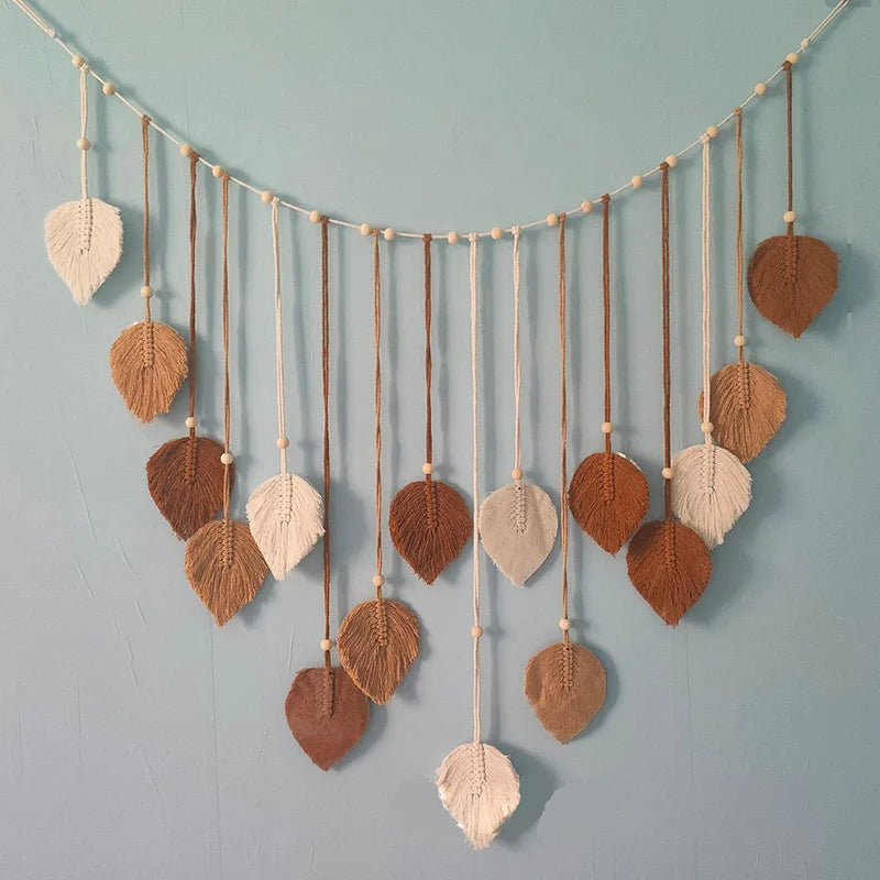 Nomad's Vine Tapestry - Handmade Macramé Leaf Wall Hanging in Ivory & Sage Green for Boho Home Decor - 100% Organic Cotton Cord - Room Hangable Plant Ornaments