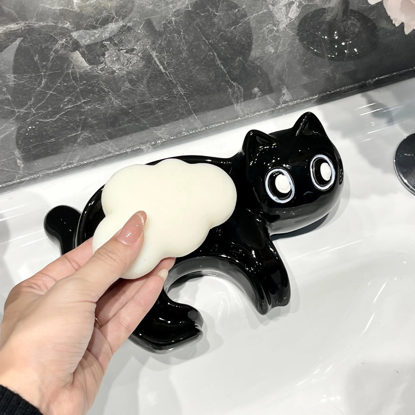 MeowMelt Soap Cradle - Cute Cat Drain Soap Holder Ceramic Soap Dish Home Decor