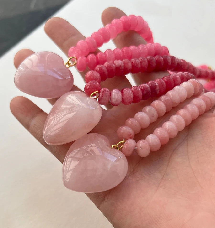 BlushHeart Natural Pink Stone Necklace - 30mm Natural Pink Stone Love Heart Pendant Necklaces