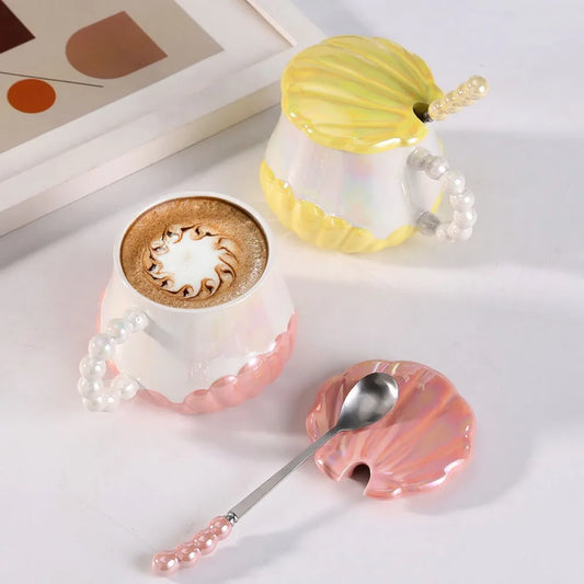 PearlTide Mug - Shell shaped Ceramic Mug with Lid Spoon for Office Workers Breakfast Brewing 14oz Drinkware