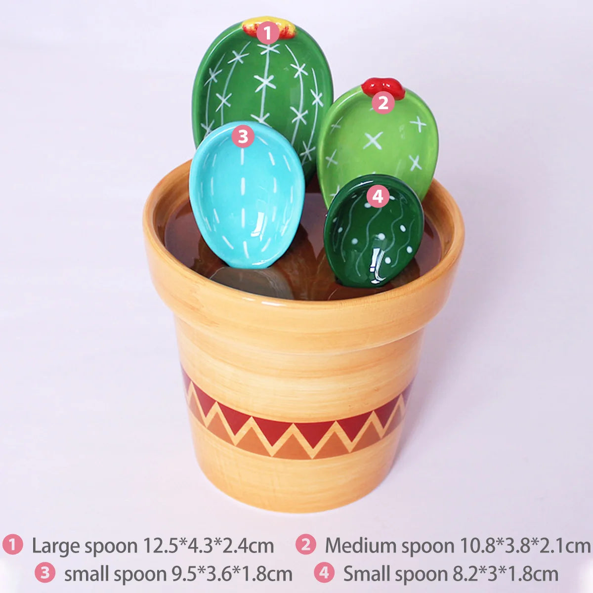 BloomScoop Cactus Porcelain Spoons with Pot Base - 4Pcs Porcelain Measuring Spoons Set with Base Cute Cactus Shape