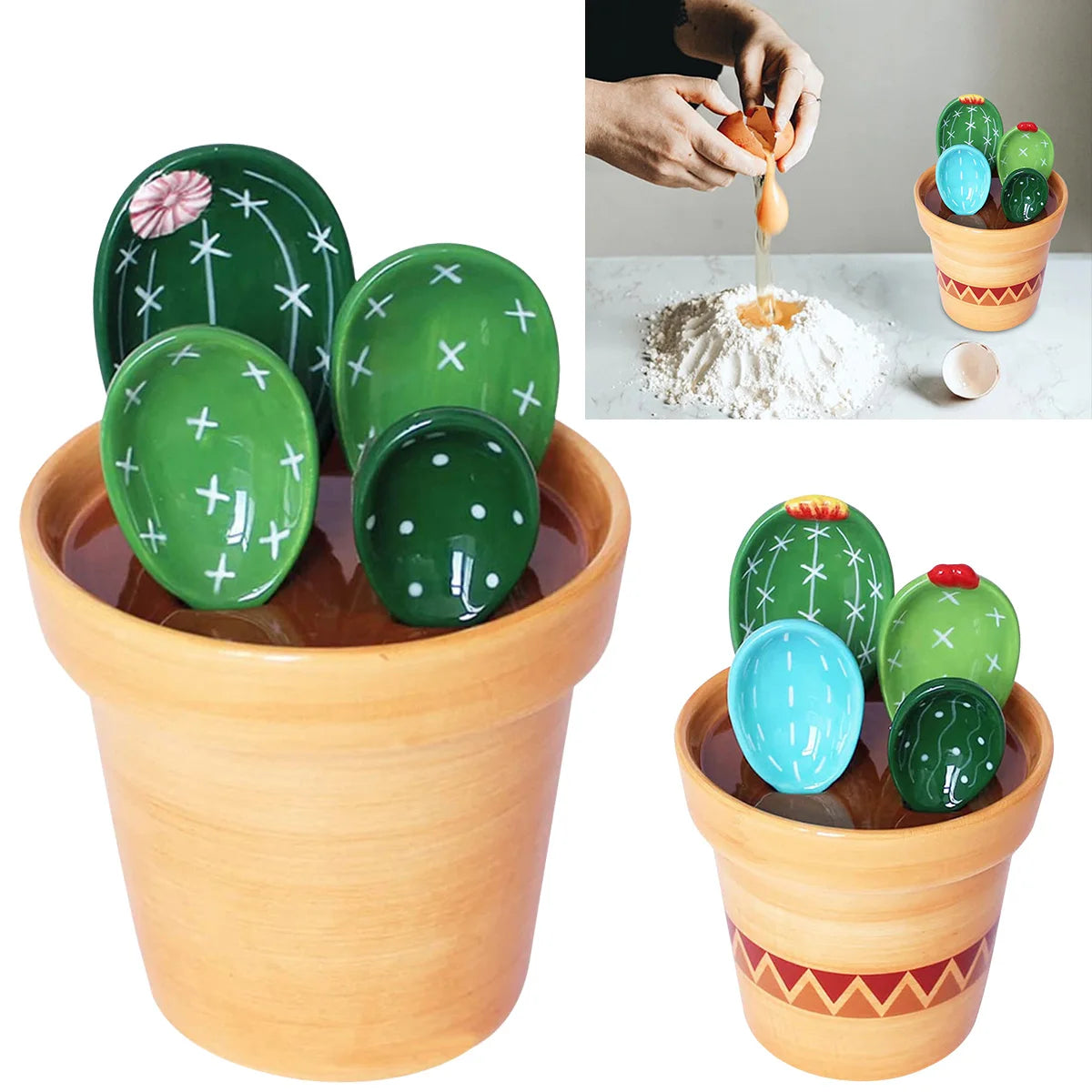 BloomScoop Cactus Porcelain Spoons with Pot Base - 4Pcs Porcelain Measuring Spoons Set with Base Cute Cactus Shape