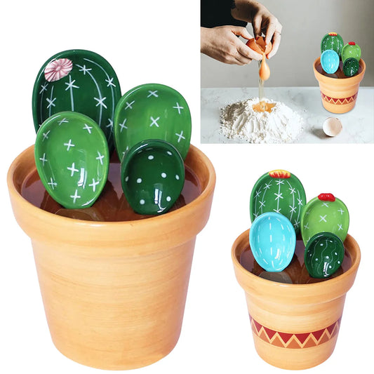 BloomScoop Cactus Porcelain Spoons with Pot Base - 4Pcs Porcelain Measuring Spoons Set with Base Cute Cactus Shape