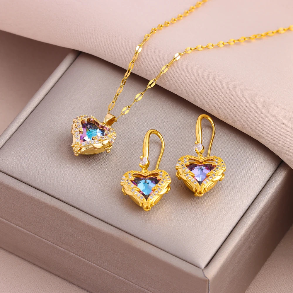 Neptune’s Heart Collection - Colorful Zircon Crystal Ocean Heart Pendant Necklaces, Earrings and Ring Set